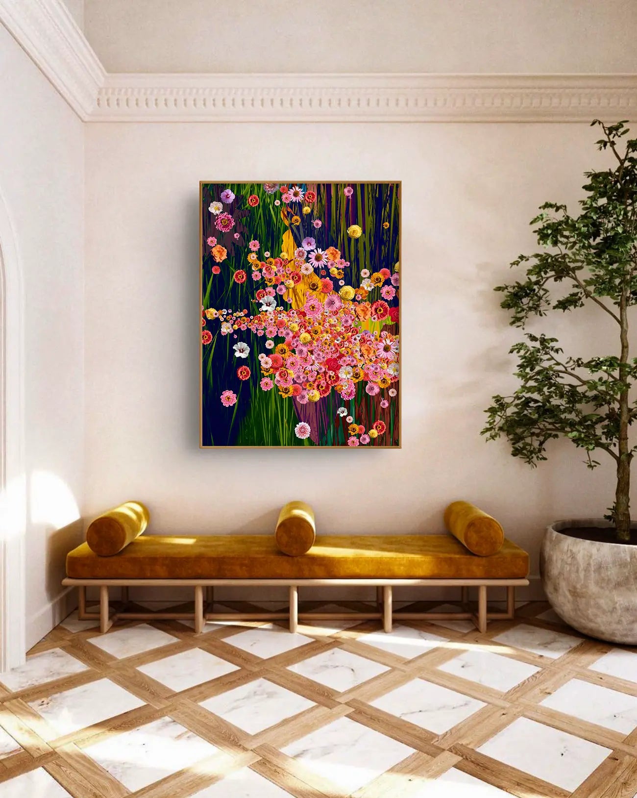Farbintensives botanisches Naturporträt mit vielen rosa, gelben, orangefarbenen, roten und weißen Blüten vor langen grünen Gräsern und dunklen Blattstrukturen.