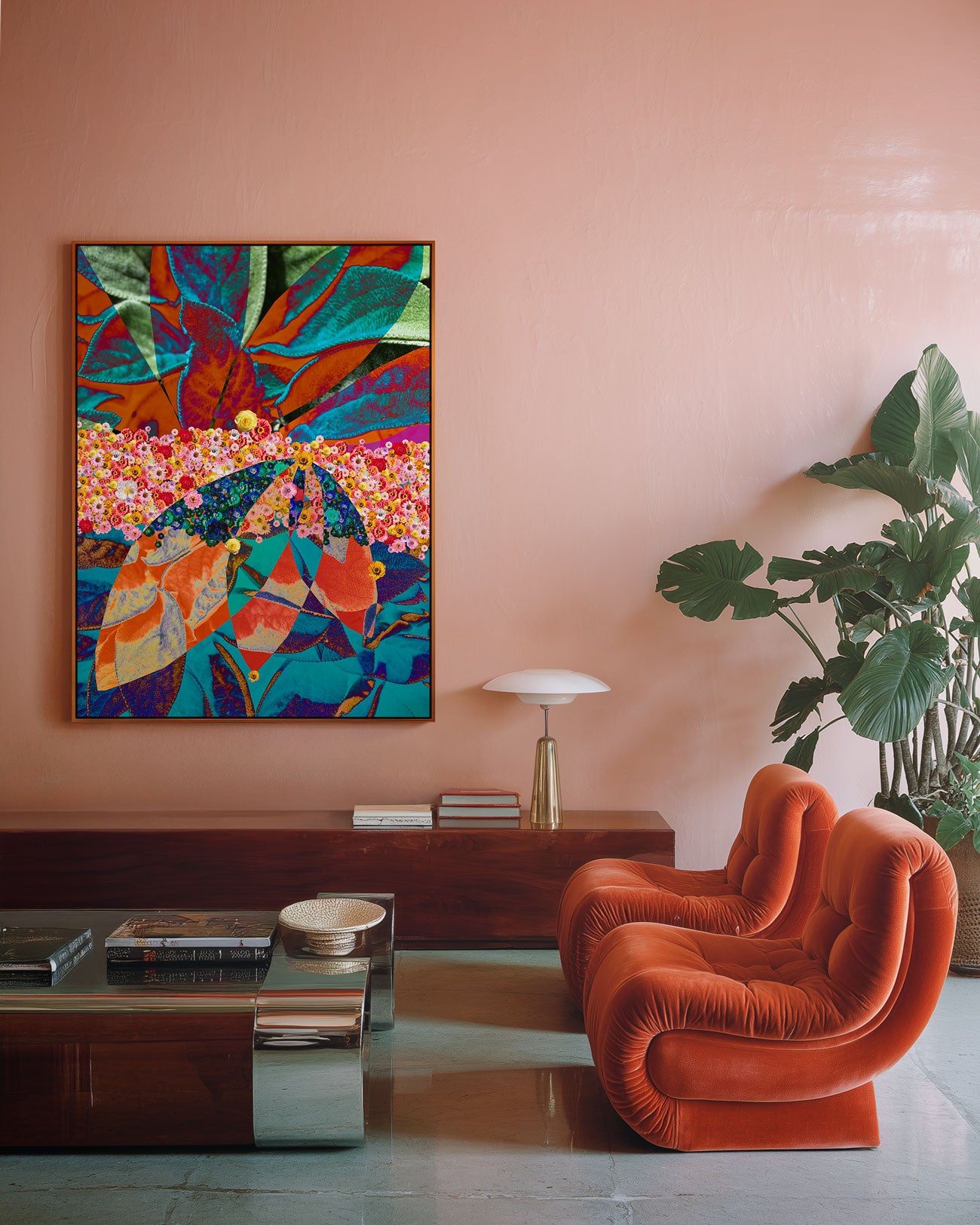 Farbintensives botanisches Naturporträt mit großen Blättern in Türkis, Blau, Orange und Grün sowie einem dichten Band kleiner rosa, gelber, roter und weißer Blüten.