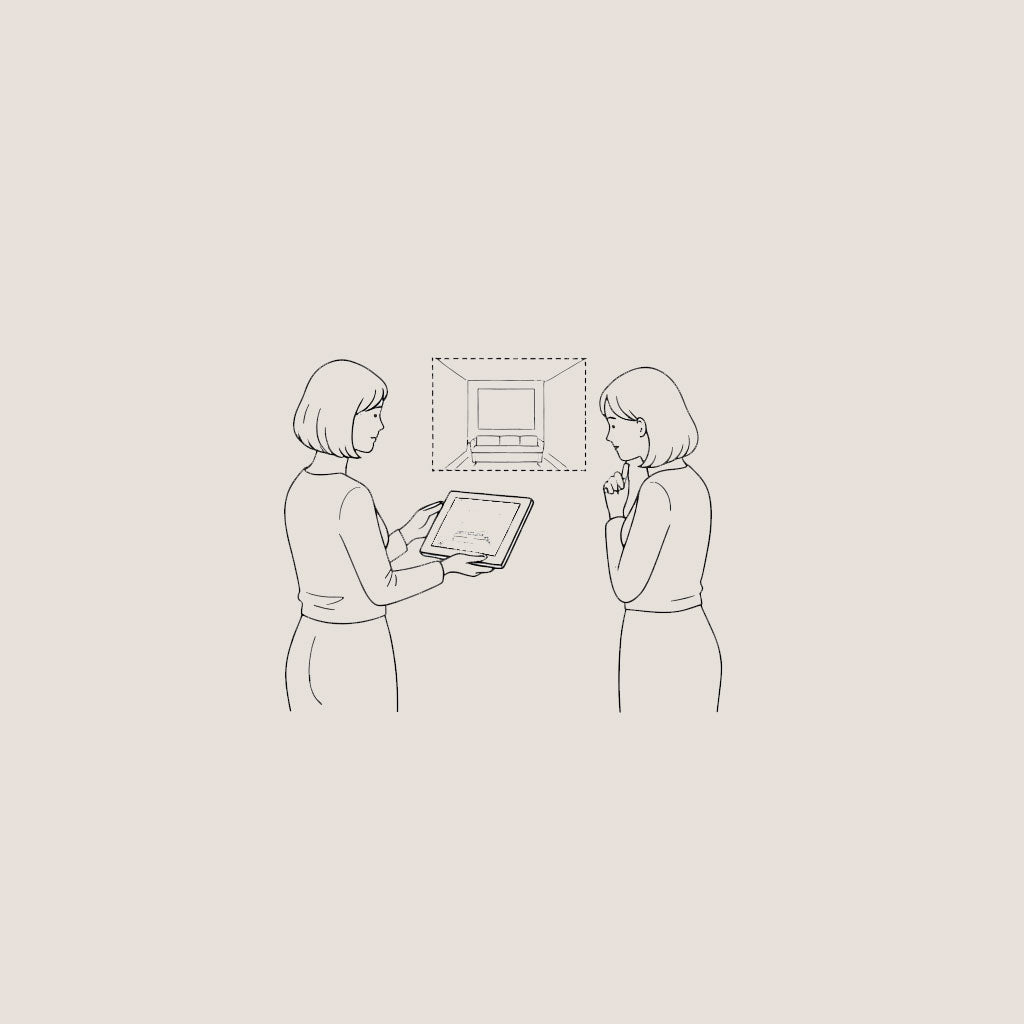 Illustration: zwei Personen besprechen anhand eines Laptops die finale Bildmontage – Schritt Entscheidung & Auftragserteilung.